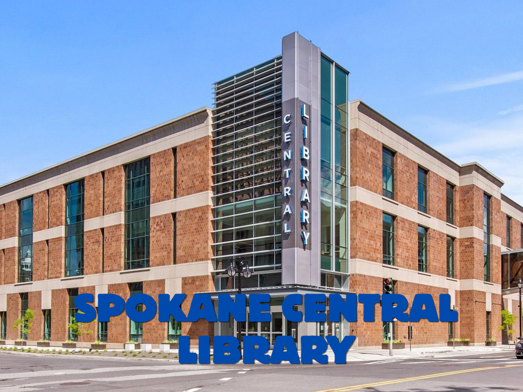Image: Spokane Central Library building. A brick building with large windows on the front and the words "Central Library" written on the corner of the building.