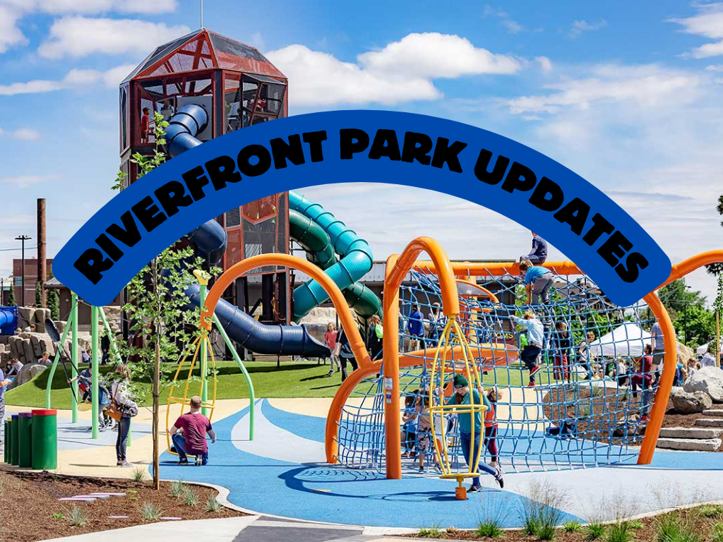 Image: the Ice Age playground area in Riverfront Park with a title that says: "Riverfront Park Updates".