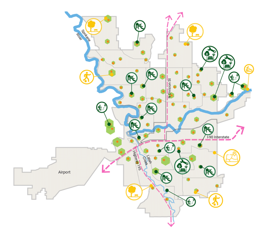 Image: A map of the City of Spokane with icons on the different parks improvement projects. 